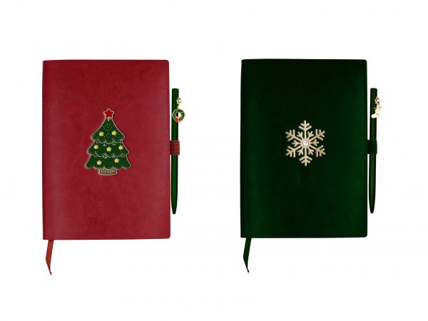 Christmas Design Leather A5 Size Notebook with Xmas Pendant Pen